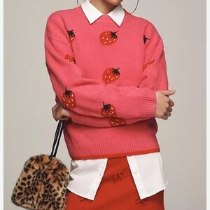 Anthropologie Pink Sweater with Strawberry Pattern